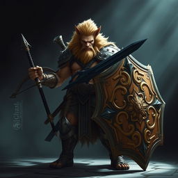 A powerful Leonin warrior stands proud in a dimly lit environment, showcasing a majestic mane and fierce expression