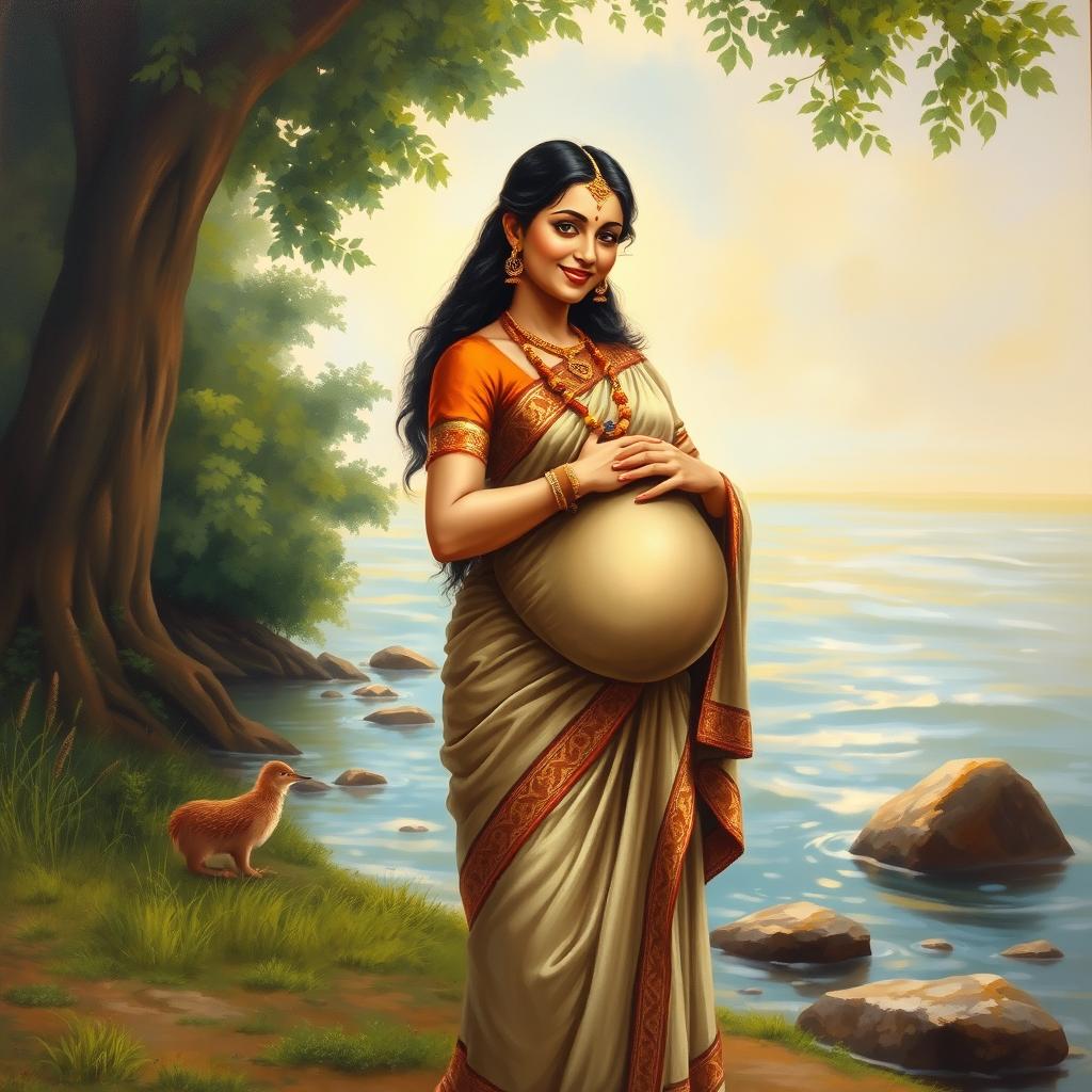 A semi-realistic Indian painting of the pregnant Goddess Ganga standing by the riverside, smiling gently as she lovingly holds her belly