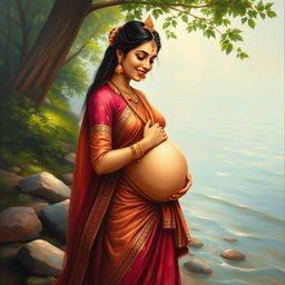 A semi-realistic Indian painting of the pregnant Goddess Ganga standing by the riverside, smiling gently as she lovingly holds her belly