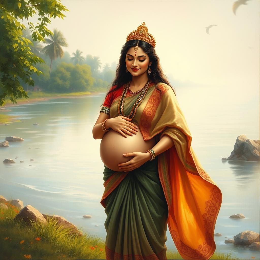 A semi-realistic Indian painting of the pregnant Goddess Ganga standing by the riverside, smiling gently as she lovingly holds her belly