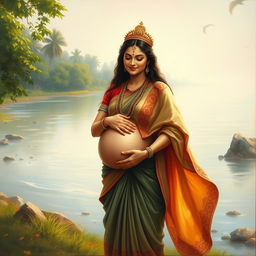 A semi-realistic Indian painting of the pregnant Goddess Ganga standing by the riverside, smiling gently as she lovingly holds her belly