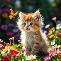 A cute and fluffy kitten with big, bright eyes, sitting in a garden filled with colorful flowers