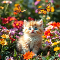 A cute and fluffy kitten with big, bright eyes, sitting in a garden filled with colorful flowers