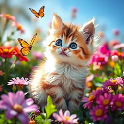 A cute and fluffy kitten with big, bright eyes, sitting in a garden filled with colorful flowers