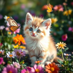 A cute and fluffy kitten with big, bright eyes, sitting in a garden filled with colorful flowers