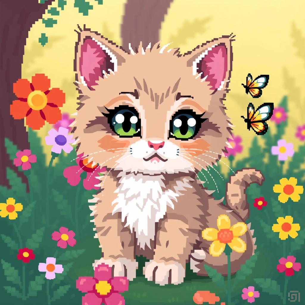 A cute pixel art depiction of a kitten with big, expressive eyes and fluffy fur