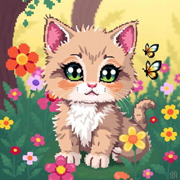 A cute pixel art depiction of a kitten with big, expressive eyes and fluffy fur