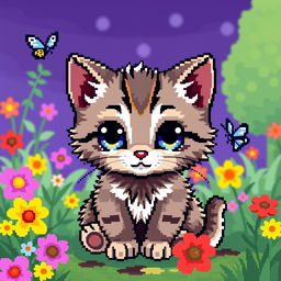 A cute pixel art depiction of a kitten with big, expressive eyes and fluffy fur