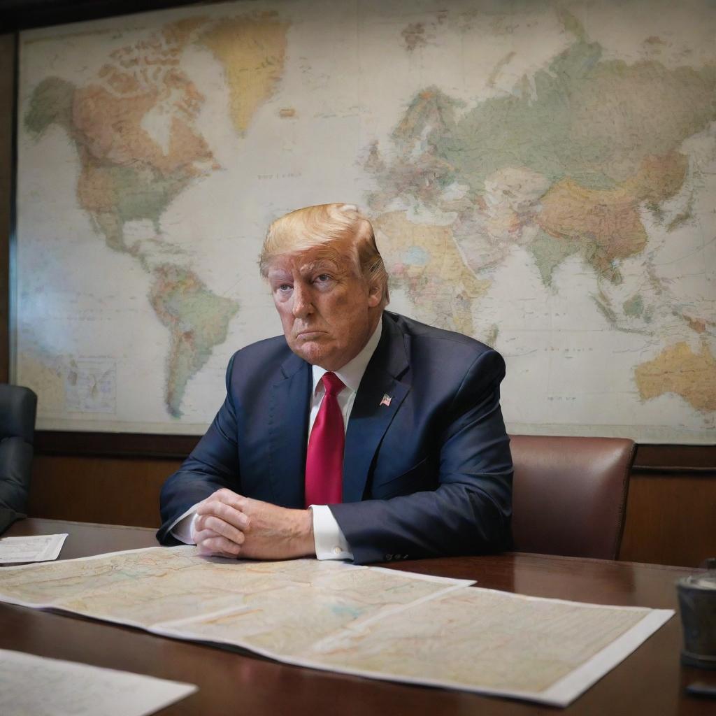 A 4k ultra-realistic image of Donald Trump in a war room, dressed in battle attire, surrounded by maps and strategic plans.