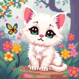 A cute pixel art depiction of a kitten with big, expressive eyes and fluffy fur