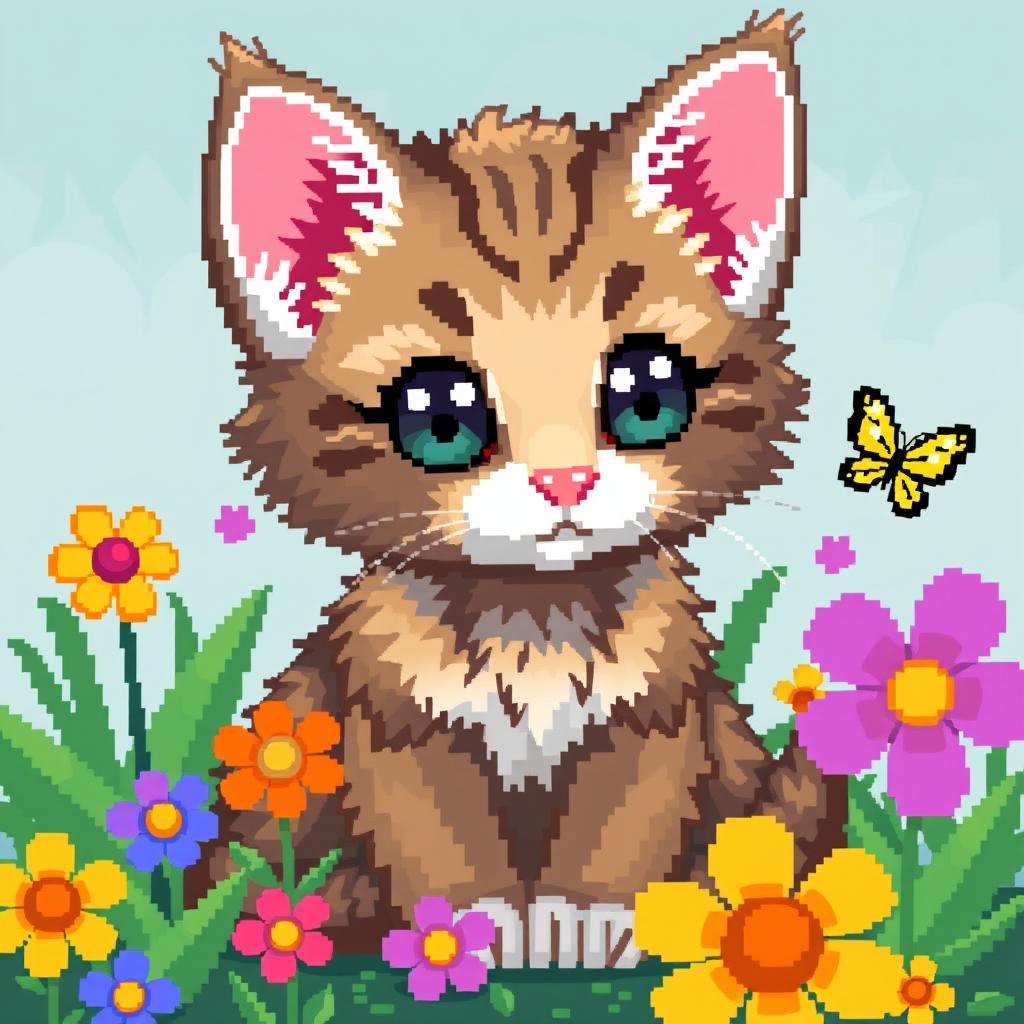 A cute pixel art depiction of a kitten with big, expressive eyes and fluffy fur