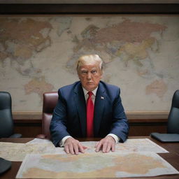 A 4k ultra-realistic image of Donald Trump in a war room, dressed in battle attire, surrounded by maps and strategic plans.