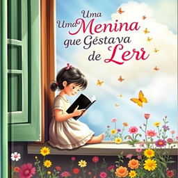 A captivating book cover featuring a dreamy and imaginative young girl sitting on a windowsill, engrossed in reading a book