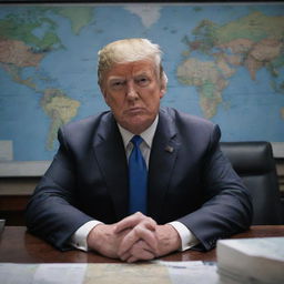 A 4k ultra-realistic image of Donald Trump in a war room, dressed in battle attire, surrounded by maps and strategic plans.