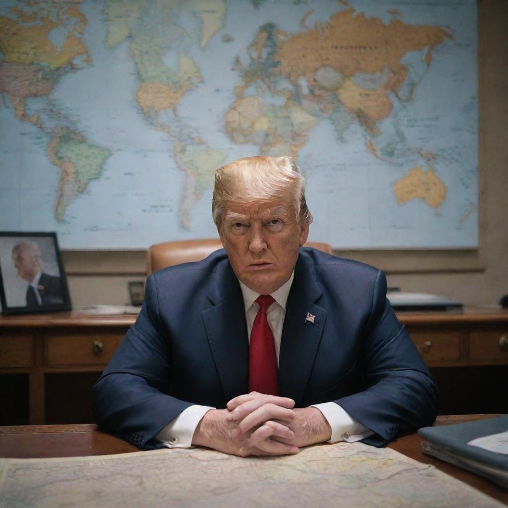 A 4k ultra-realistic image of Donald Trump in a war room, dressed in battle attire, surrounded by maps and strategic plans.