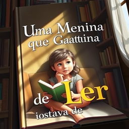 A visually captivating book cover depicting a young girl with an imaginative and thoughtful expression, sitting comfortably in a cozy reading nook lined with books