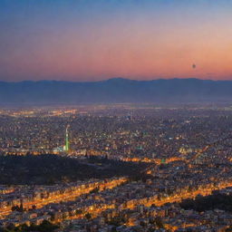 A picturesque view of Iran showcasing the vibrant city of Tehran at sunset with the iconic Milad Tower in the backdrop, and the impressive Alborz Mountain range stretching across the horizon.