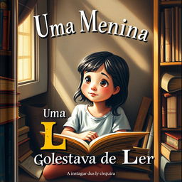 A visually captivating book cover depicting a young girl with an imaginative and thoughtful expression, sitting comfortably in a cozy reading nook lined with books