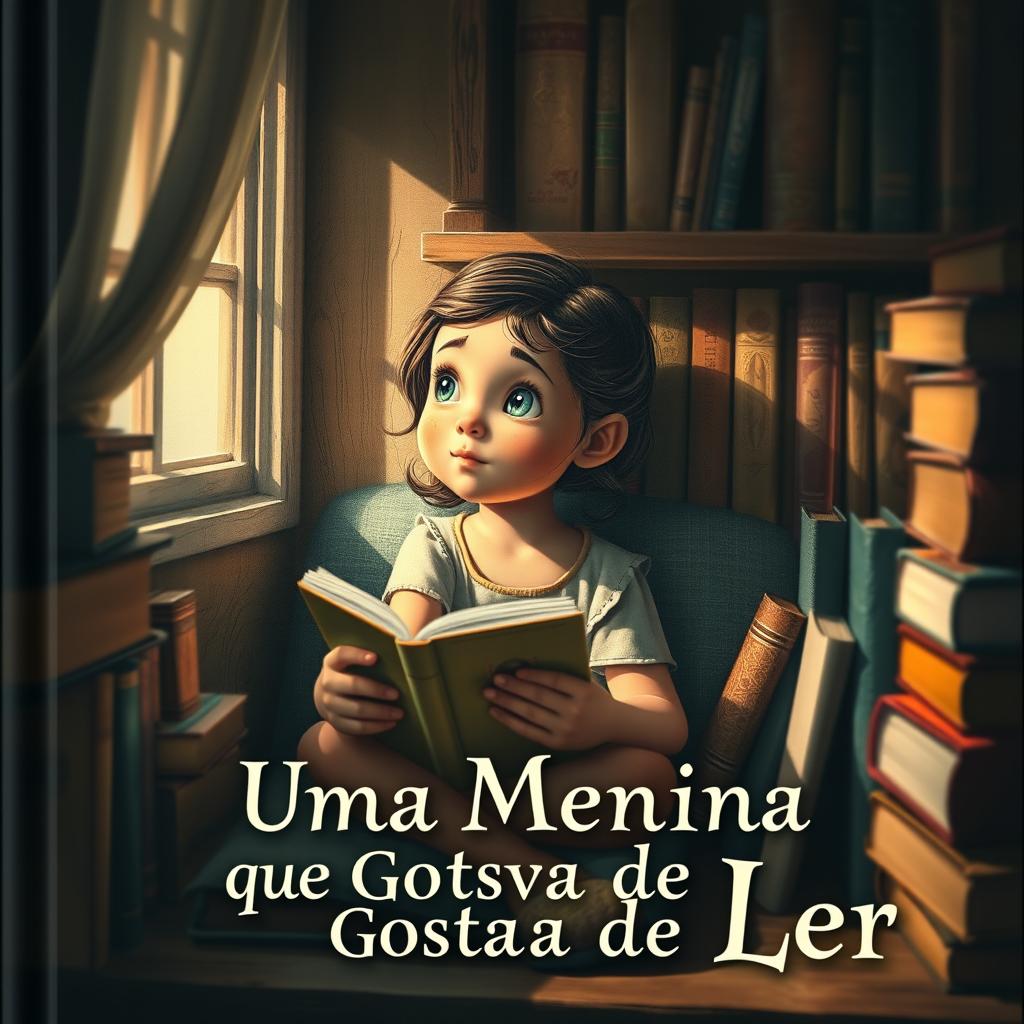 A visually captivating book cover depicting a young girl with an imaginative and thoughtful expression, sitting comfortably in a cozy reading nook lined with books