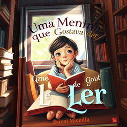 A visually captivating book cover depicting a young girl with an imaginative and thoughtful expression, sitting comfortably in a cozy reading nook lined with books