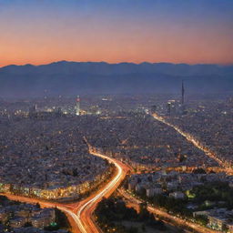 A picturesque view of Iran showcasing the vibrant city of Tehran at sunset with the iconic Milad Tower in the backdrop, and the impressive Alborz Mountain range stretching across the horizon.