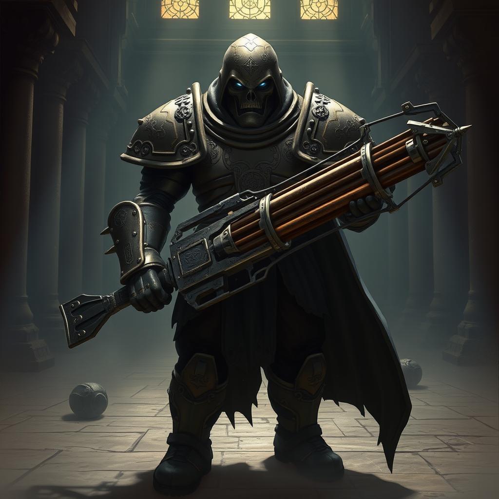 A menacing warforged artificer stands in a dimly lit setting, holding a sophisticated repeating crossbow