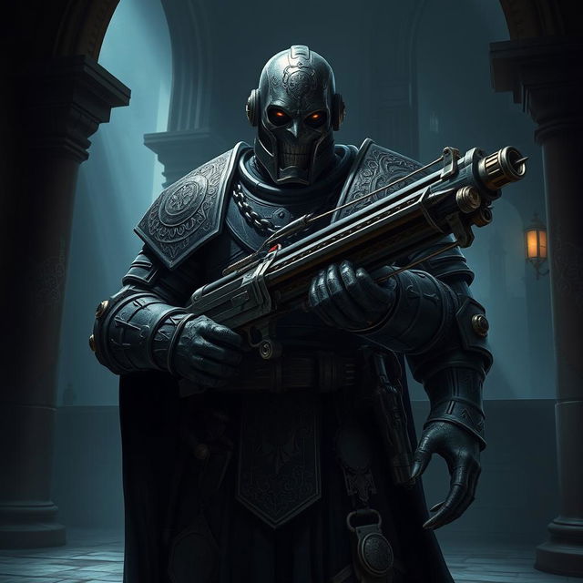 A menacing warforged artificer stands in a dimly lit setting, holding a sophisticated repeating crossbow