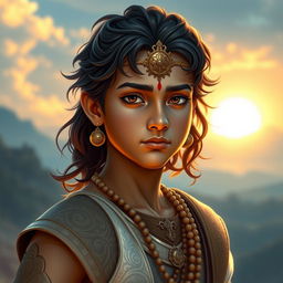 A captivating portrayal of Dewabrata, also known as Bhishma, at the age of 17, depicted in a blend of youthful vigor and nascent wisdom