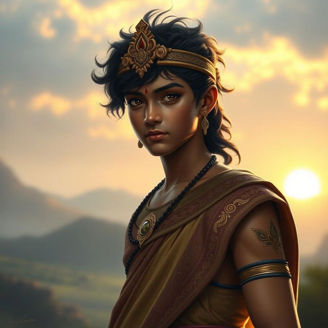 A captivating portrayal of Dewabrata, also known as Bhishma, at the age of 17, depicted in a blend of youthful vigor and nascent wisdom