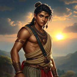 A captivating portrayal of Dewabrata, also known as Bhishma, at the age of 17, depicted in a blend of youthful vigor and nascent wisdom