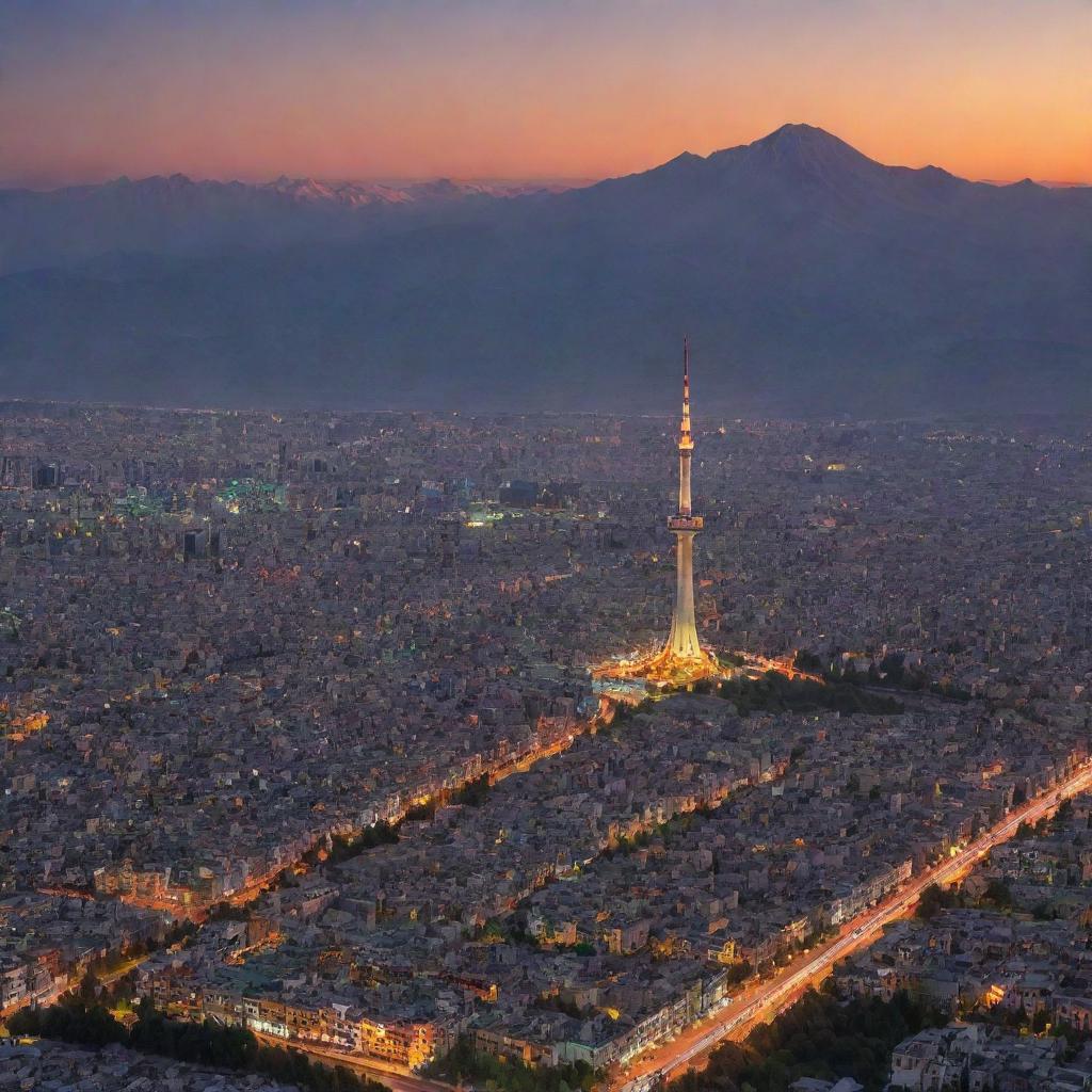 A picturesque view of Iran showcasing the vibrant city of Tehran at sunset with the iconic Milad Tower in the backdrop, and the impressive Alborz Mountain range stretching across the horizon.