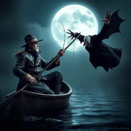 A dramatic scene featuring a legendary fisherman facing off against a vampire, set in a dark, foggy lake under a full moon