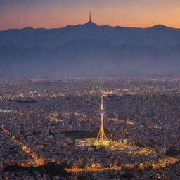 A picturesque view of Iran showcasing the vibrant city of Tehran at sunset with the iconic Milad Tower in the backdrop, and the impressive Alborz Mountain range stretching across the horizon.