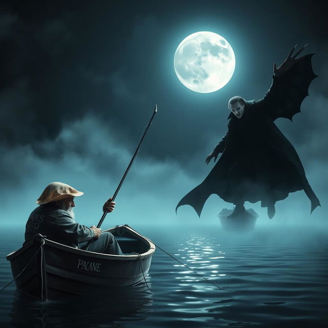 A dramatic scene featuring a legendary fisherman facing off against a vampire, set in a dark, foggy lake under a full moon