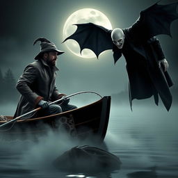 A dramatic scene featuring a legendary fisherman facing off against a vampire, set in a dark, foggy lake under a full moon