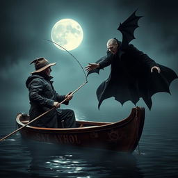 A dramatic scene featuring a legendary fisherman facing off against a vampire, set in a dark, foggy lake under a full moon