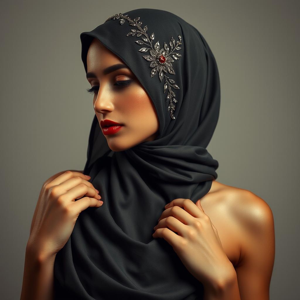 a sensual portrayal of a woman wearing a beautifully adorned hijab, revealing an elegant balance of modesty and allure