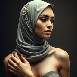 a sensual portrayal of a woman wearing a beautifully adorned hijab, revealing an elegant balance of modesty and allure