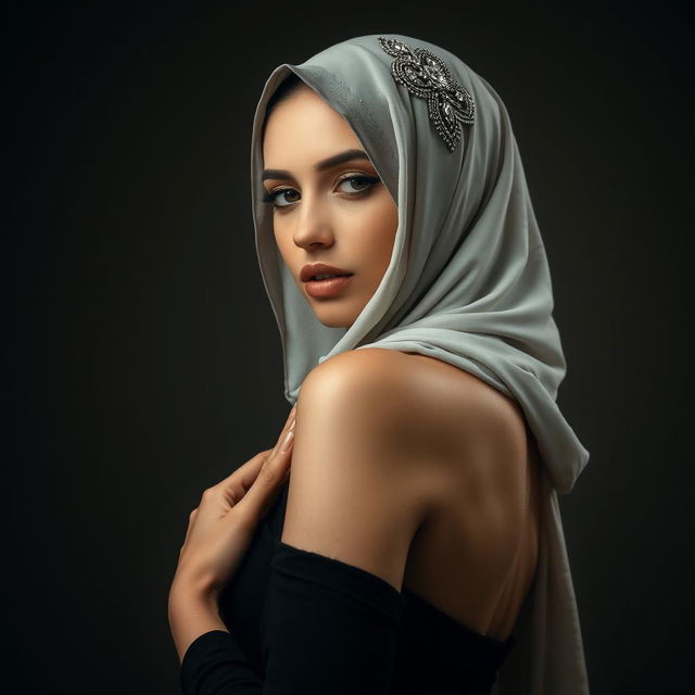 a sensual portrayal of a woman wearing a beautifully adorned hijab, revealing an elegant balance of modesty and allure