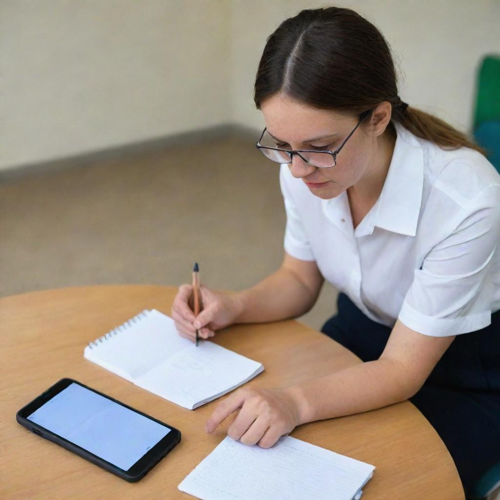 A teacher checking homework in a notebook using smartphone's camera and artificial intelligence.