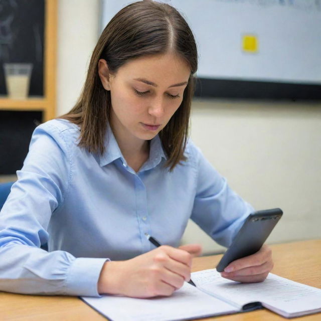 A teacher checking homework in a notebook using smartphone's camera and artificial intelligence.