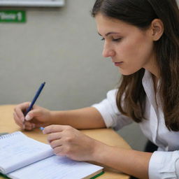 A teacher checking homework in a notebook using smartphone's camera and artificial intelligence.