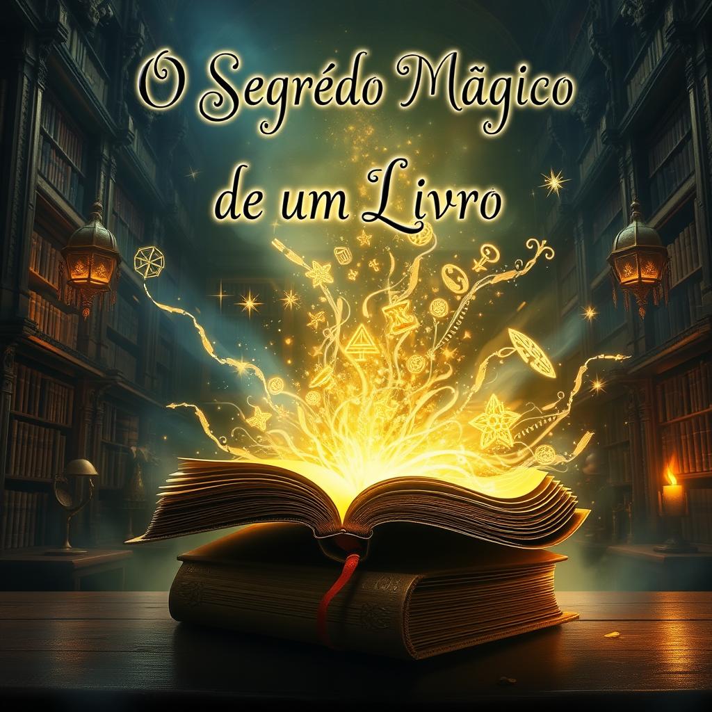 An enchanting and magical book cover for 'O Segredo Mágico de um Livro'