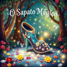 A whimsical and enchanting book cover for 'O Sapato Mágico'