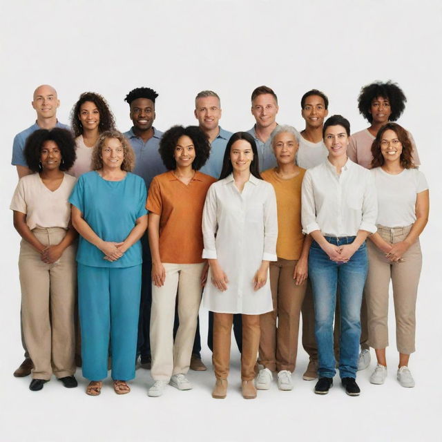 A diverse group of people from different ethnicities, backgrounds, and gender identities standing together in unity, expressing equality and non-discrimination.