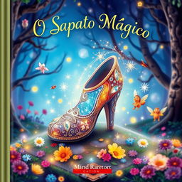 A whimsical and enchanting book cover for 'O Sapato Mágico'