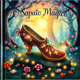 A whimsical and enchanting book cover for 'O Sapato Mágico'