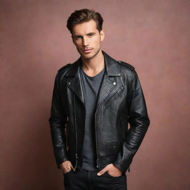 A stylish man in a leather jacket posed against an enchanting, aesthetically pleasing background.