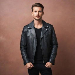 A stylish man in a leather jacket posed against an enchanting, aesthetically pleasing background.