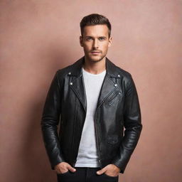 A stylish man in a leather jacket posed against an enchanting, aesthetically pleasing background.